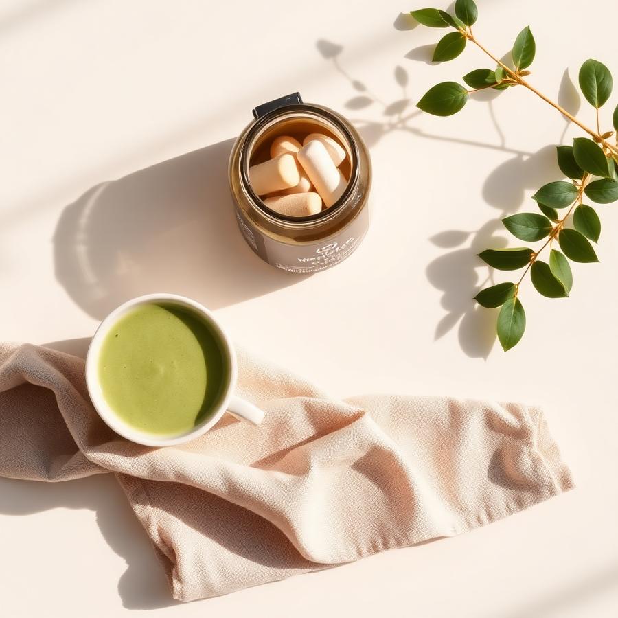 Matcha e suplemento em flat lay claro